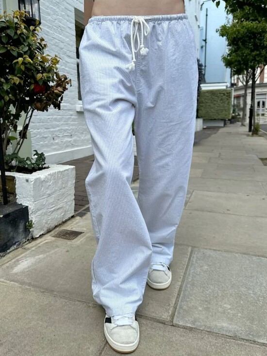 Brandy Melville Pants - Brandy Melville Nanda Blue White Stripe Cotton Linen Low Rise Straight Leg Pants